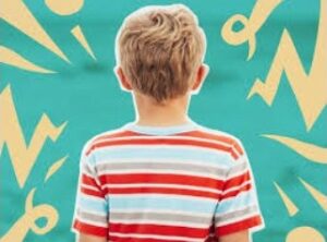 A child wearing a striped red and white shirt is facing away from the camera, standing in front of a vibrant blue background with yellow shapes .Sensory Sensitivities in Autism