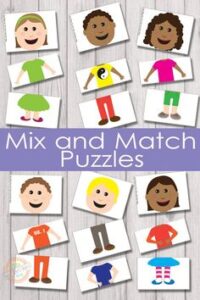 Promotional poster for "mix and match puzzles" featuring various puzzle pieces with cartoon drawings of kids' heads, torsos, and legs on a wooden background.