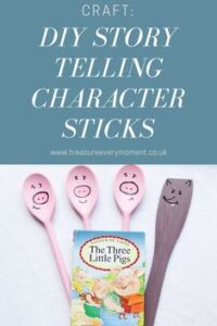 Craft project for diy storytelling character sticks using painted spoons, displayed alongside "the three little pigs" book.