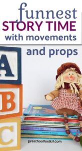Promotional image for "funniest story time with movements and props," featuring large abc blocks and a doll sitting on a stack of children's books.