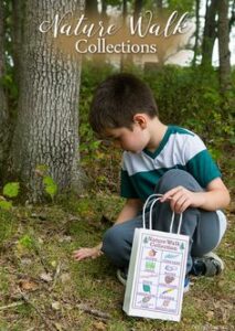 A young boy crouches near a tree, examining the ground, holding a bag labeled "nature walk collections" with a guide visible.