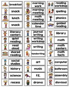 Class schedule poster featuring time slots, subjects, and accompanying cartoon illustrations of kids engaging in various educational activities.