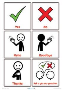 Image showing six panels with simple icons and text: a green checkmark labeled "yes," a red cross labeled "no," stick figures gesturing "hello" and "goodbye," one saying "thanks," and another depicting a yes/no question.